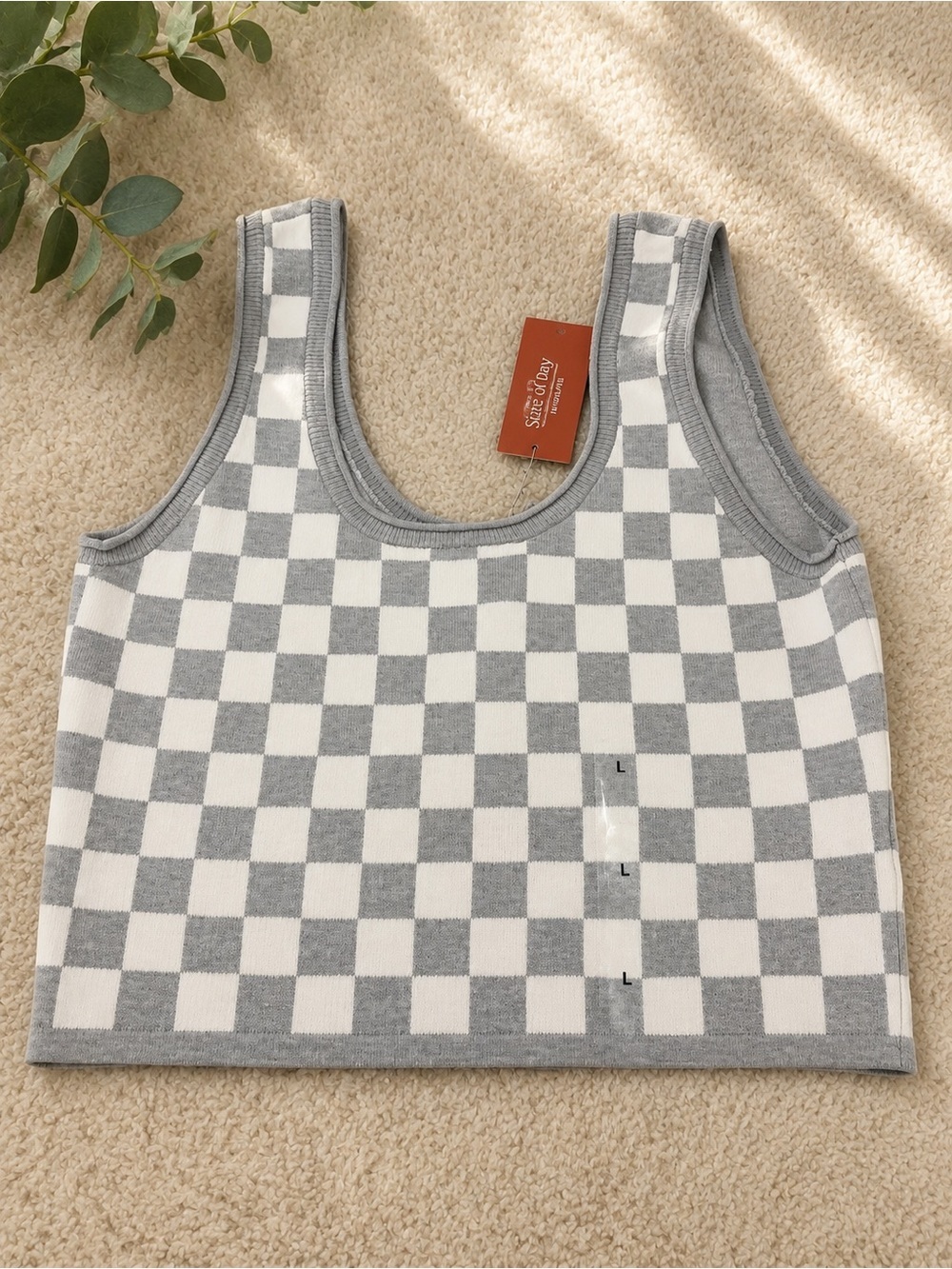 Checkerboard Knit Tank Top - Gray & White